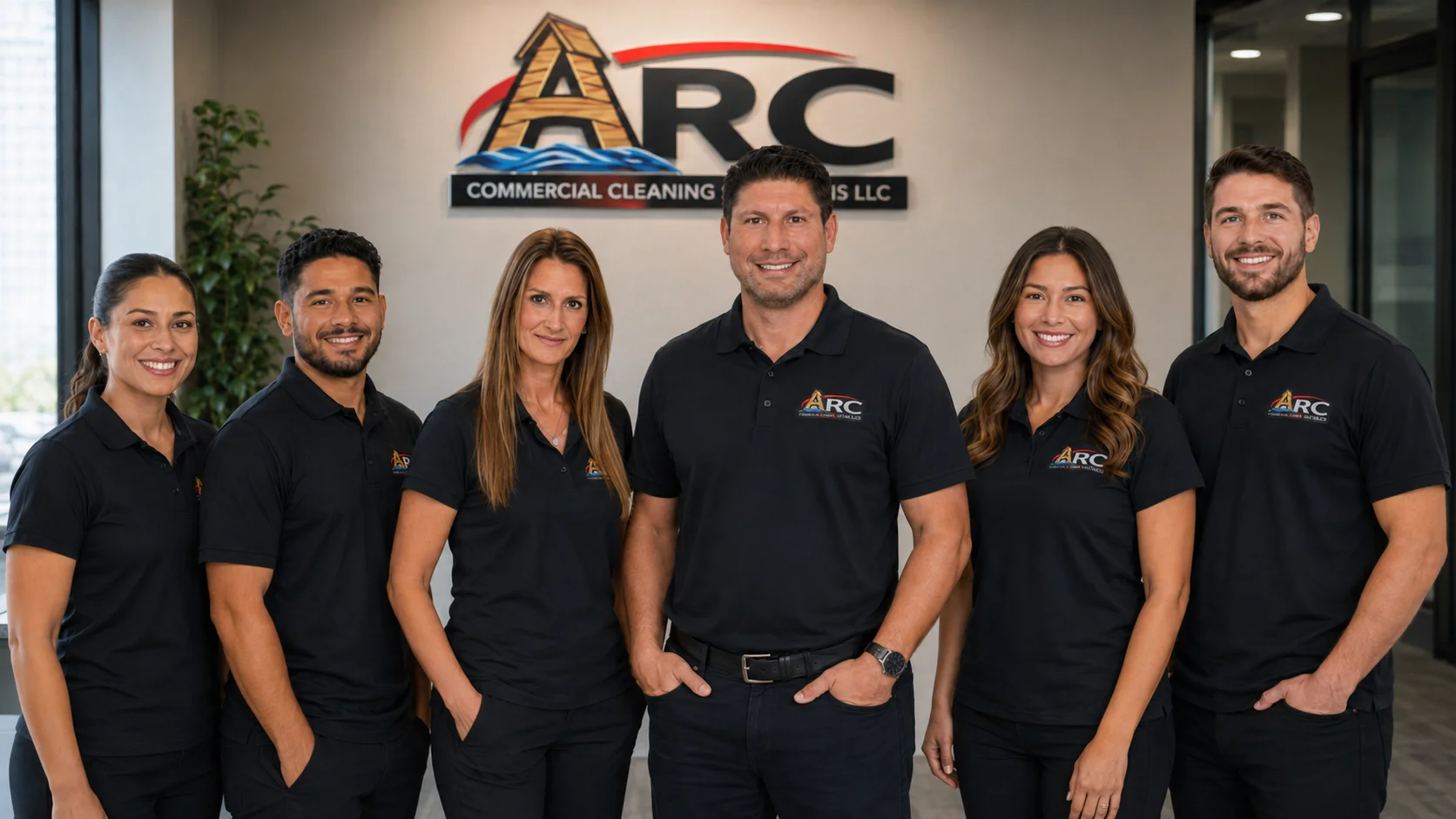 The ARC Commercial Cleaning Solutions family team The ARC Commercial Cleaning Solutions family team in branded polos