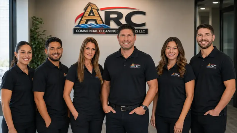 The ARC Commercial Cleaning Solutions family team The ARC Commercial Cleaning Solutions family team in branded polos